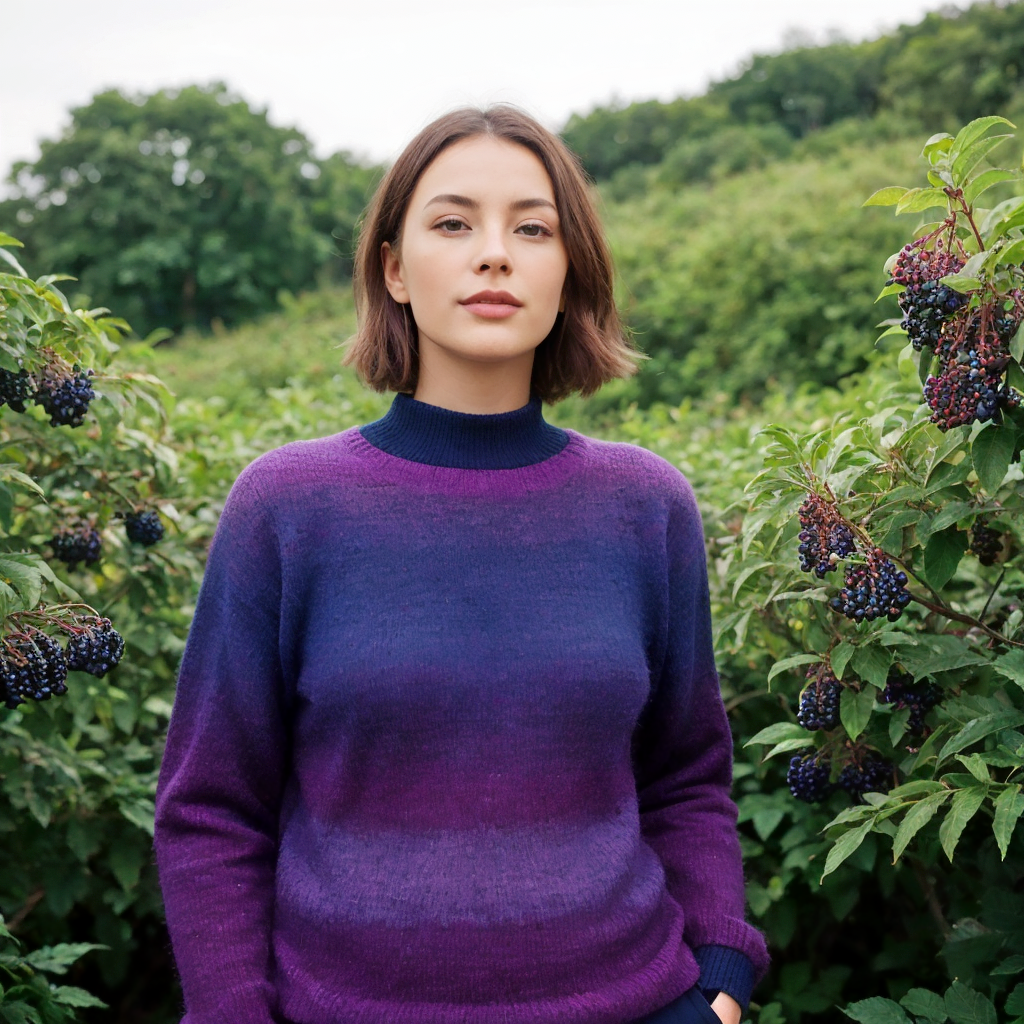 A lady standing in an Elderberry farm, wearing a blue wool jumper decorated with needle work on the front. 